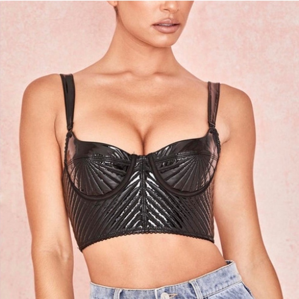 House of CB black shiny textured quilted corset cropped top size M